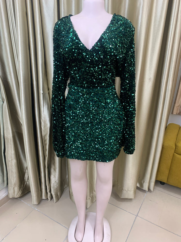 Sequin V-neck Faux Wrap Mini Dress -  Dark Green