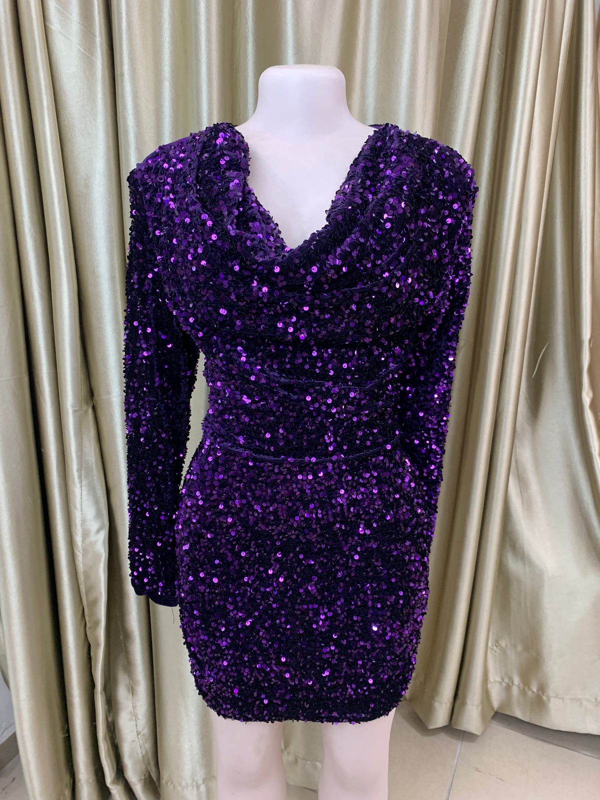 Sequin Mini Cowl Dress - Dark Purple